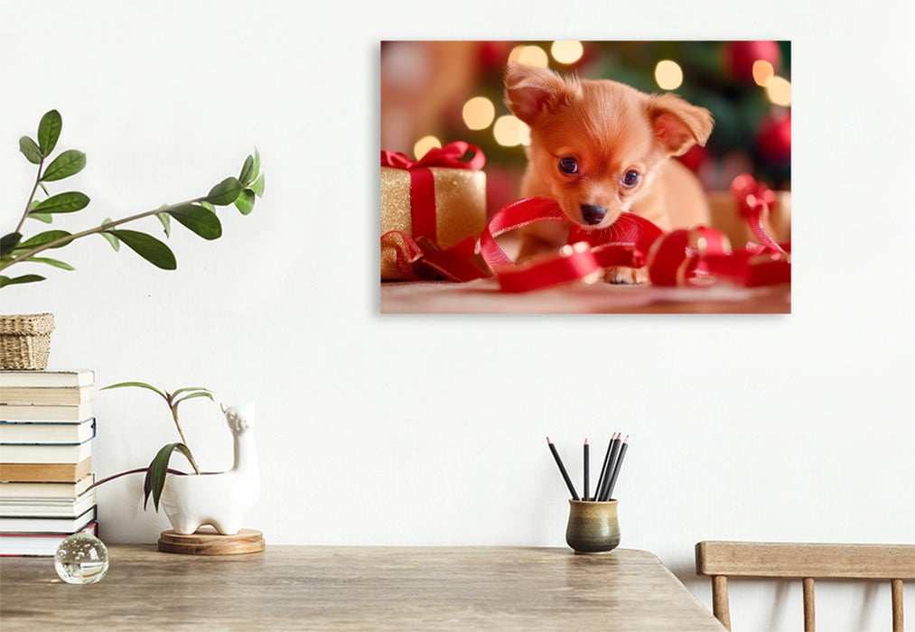 Premium Textil-Leinwand Weihnachtlicher Chihuahua Zauber auf vier Pfoten