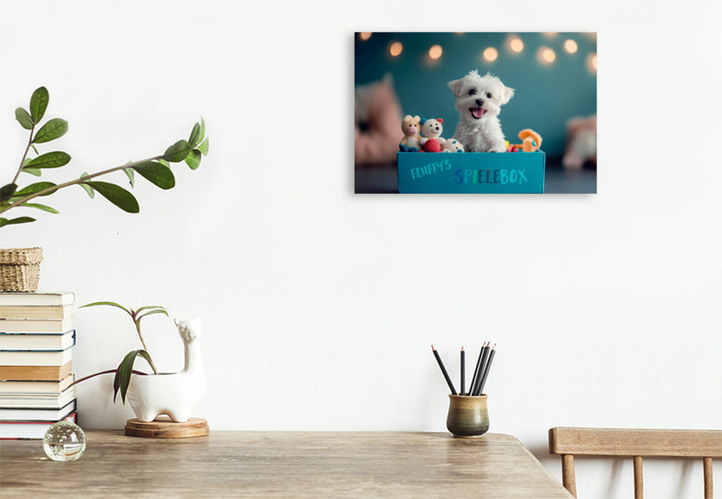 Premium Textil-Leinwand Malteserwelpe in der Spielebox