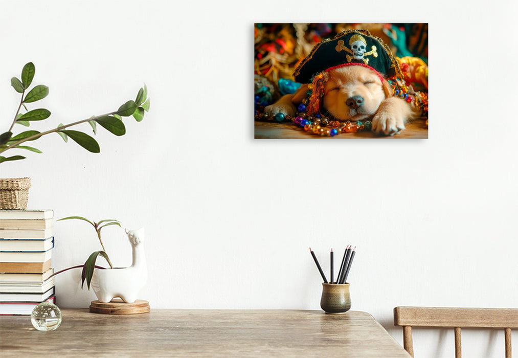 Premium Textil-Leinwand Golden-Retriever-Pirat im Land der Träume