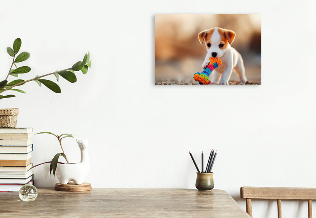 Premium Textil-Leinwand Jack Russell Terrier Welpe mit seinem Lieblingsspielzeug