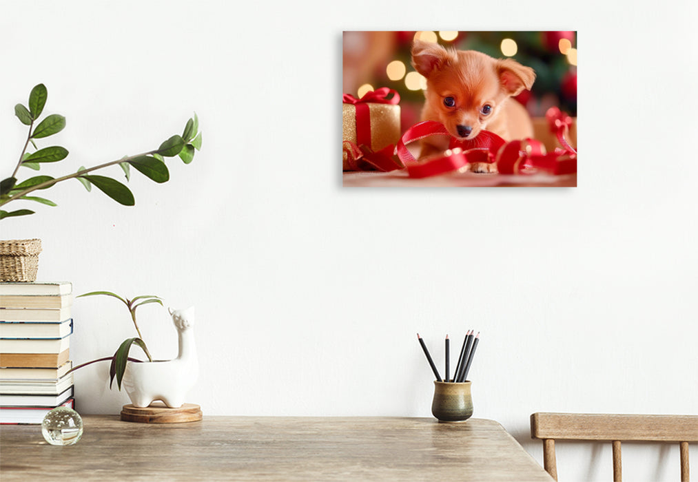 Premium Textil-Leinwand Weihnachtlicher Chihuahua Zauber auf vier Pfoten