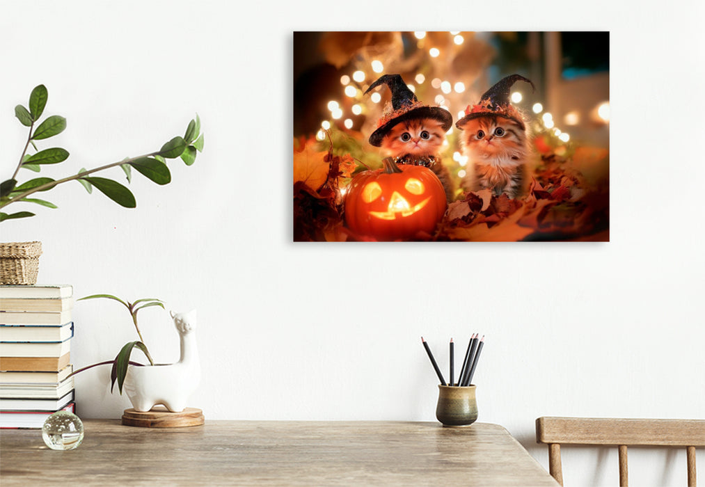Premium Textil-Leinwand Katzenkinder im Halloweenfieber