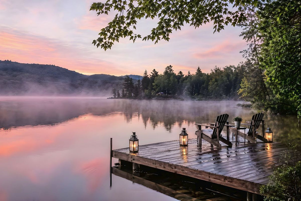 Premium Textil-Leinwand Am Wasser sitzen - Steg am See