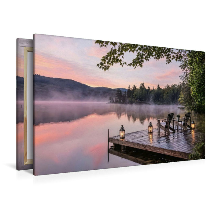 Premium Textil-Leinwand Am Wasser sitzen - Steg am See