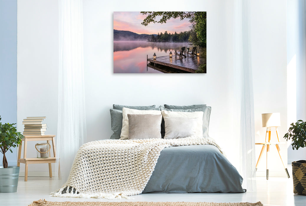 Premium Textil-Leinwand Am Wasser sitzen - Steg am See