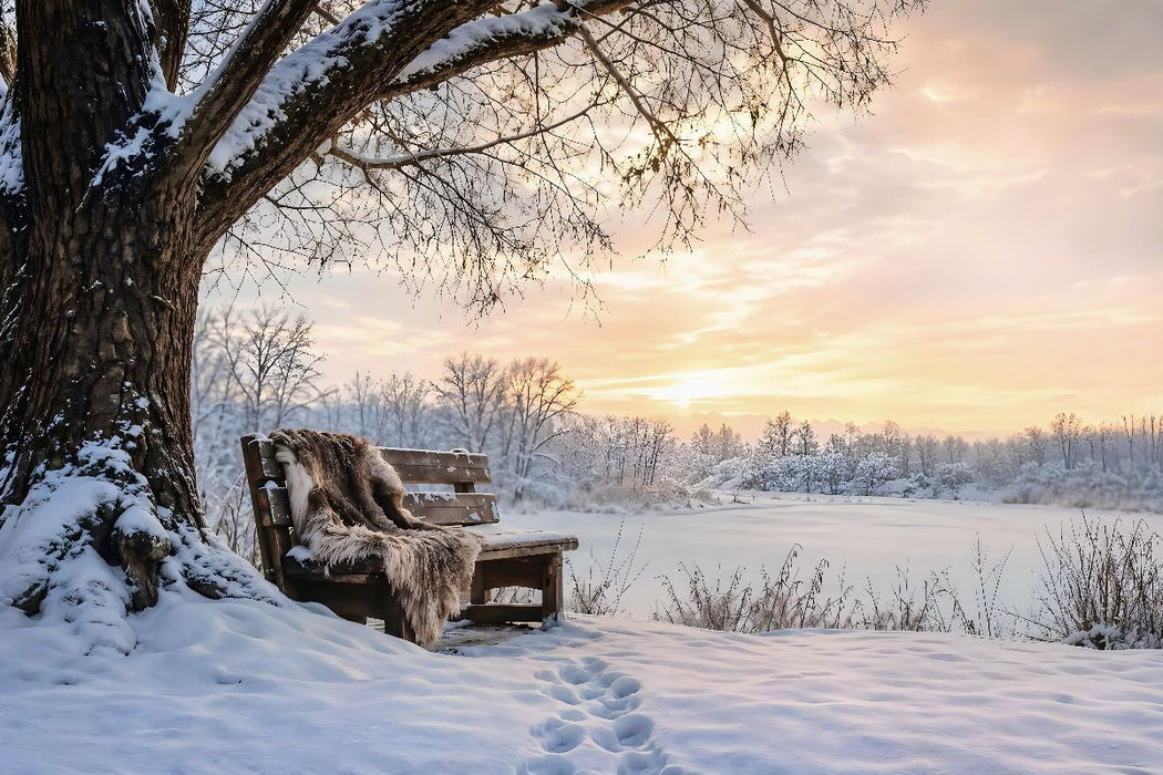 Premium Textil-Leinwand Winterstille - Bank im Schnee