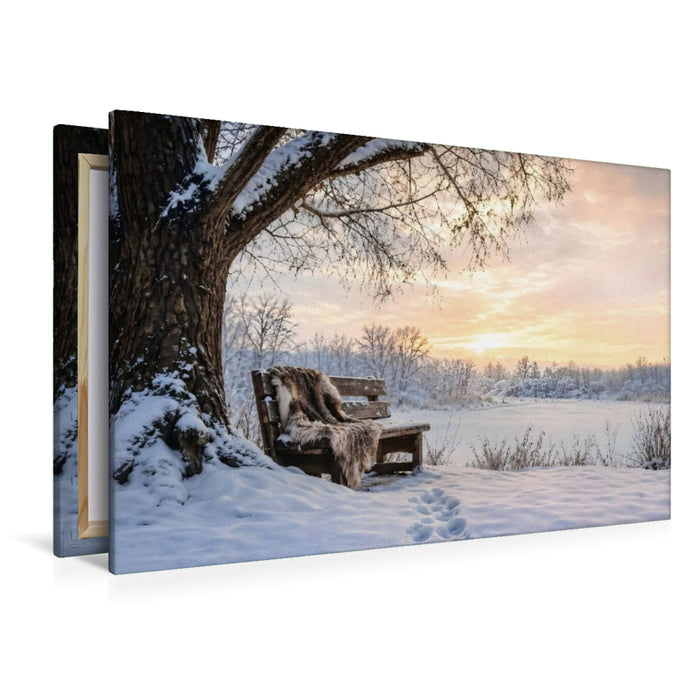 Premium Textil-Leinwand Winterstille - Bank im Schnee