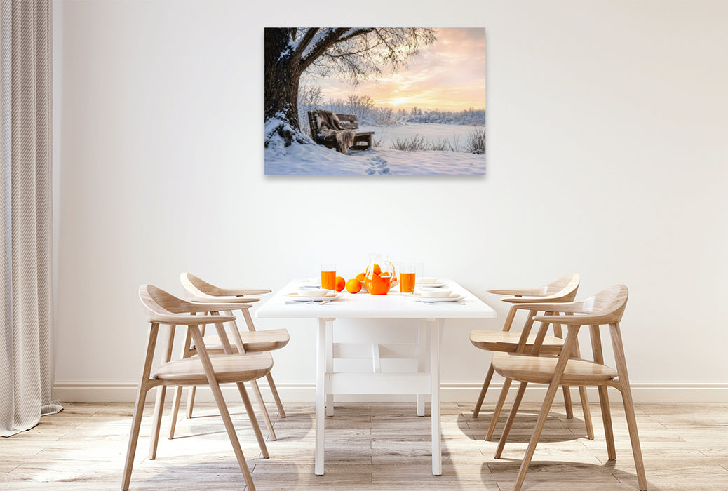 Premium Textil-Leinwand Winterstille - Bank im Schnee