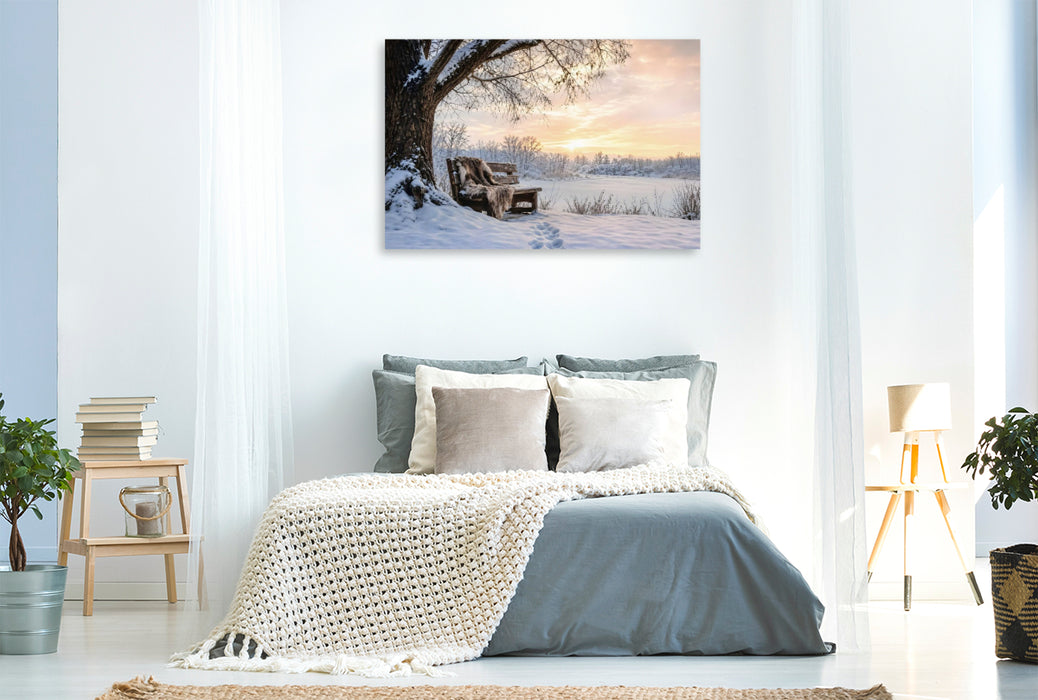 Premium Textil-Leinwand Winterstille - Bank im Schnee