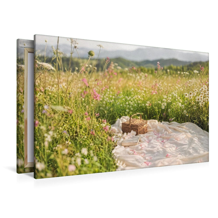 Premium Textil-Leinwand Frühling zum Verweilen - Picknickdecke in Blütenwiese
