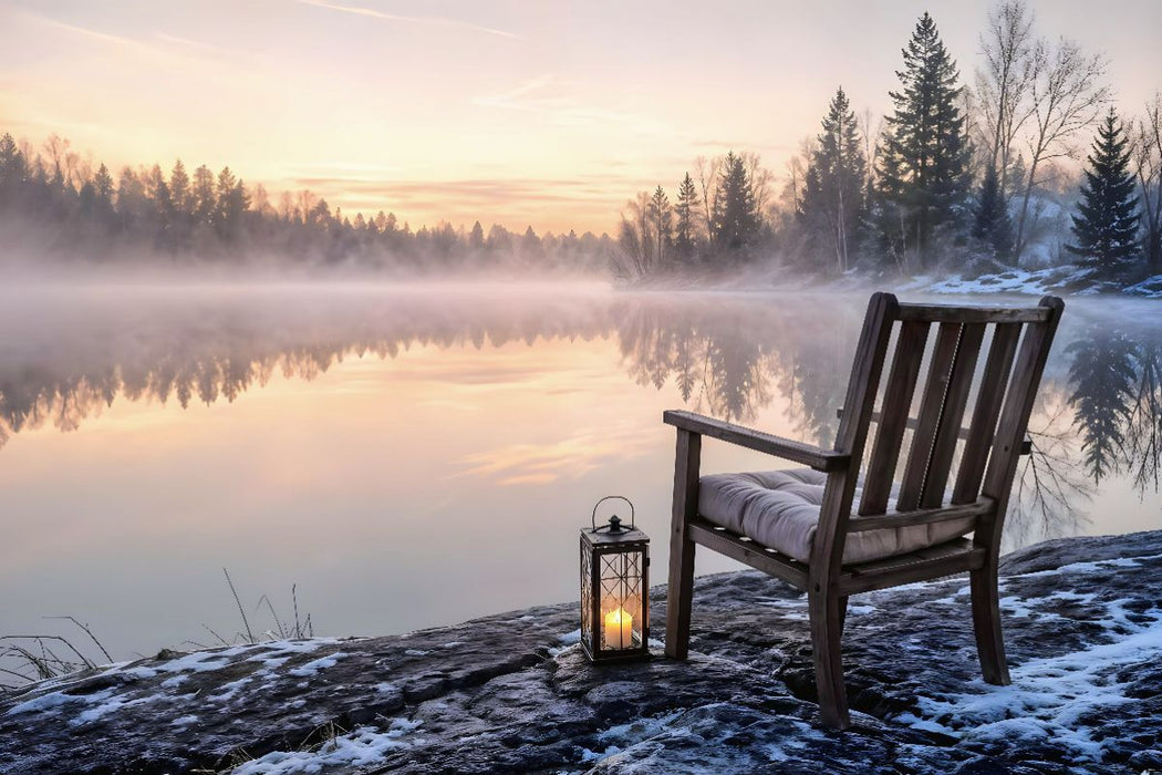 Premium Textil-Leinwand Am stillen Ufer - Stuhl am See
