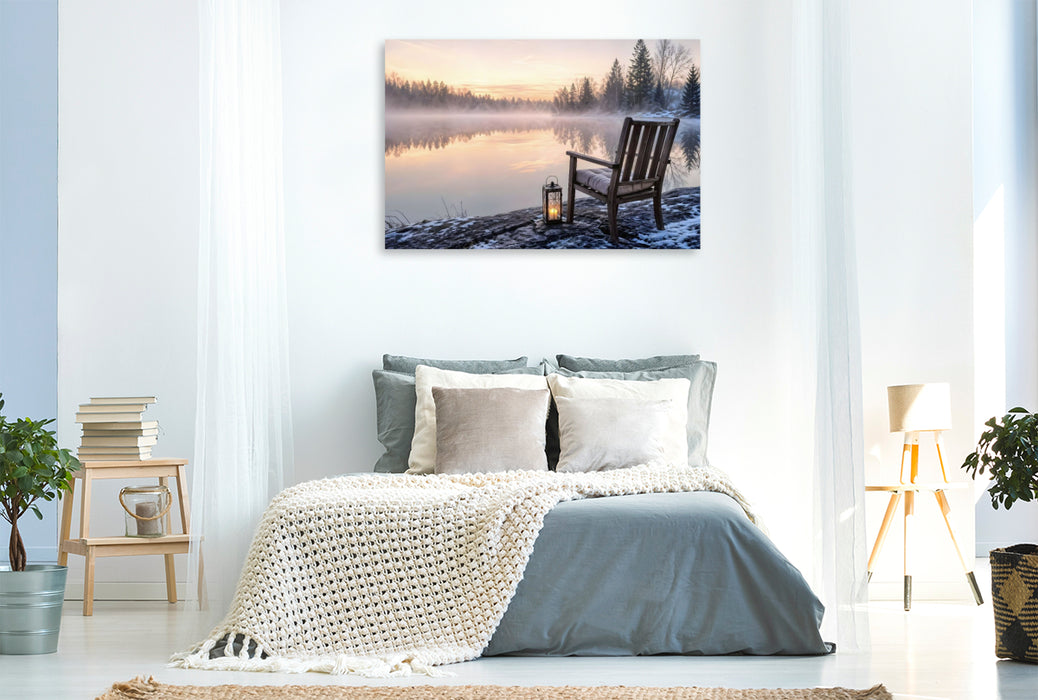 Premium Textil-Leinwand Am stillen Ufer - Stuhl am See