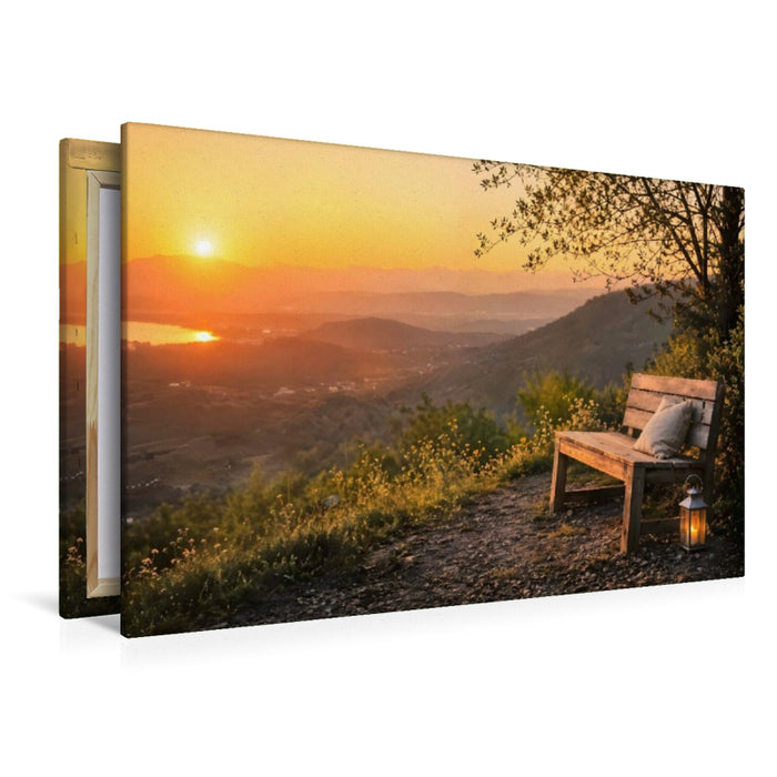 Premium Textil-Leinwand Goldene Stunde - Bank im Abendlicht