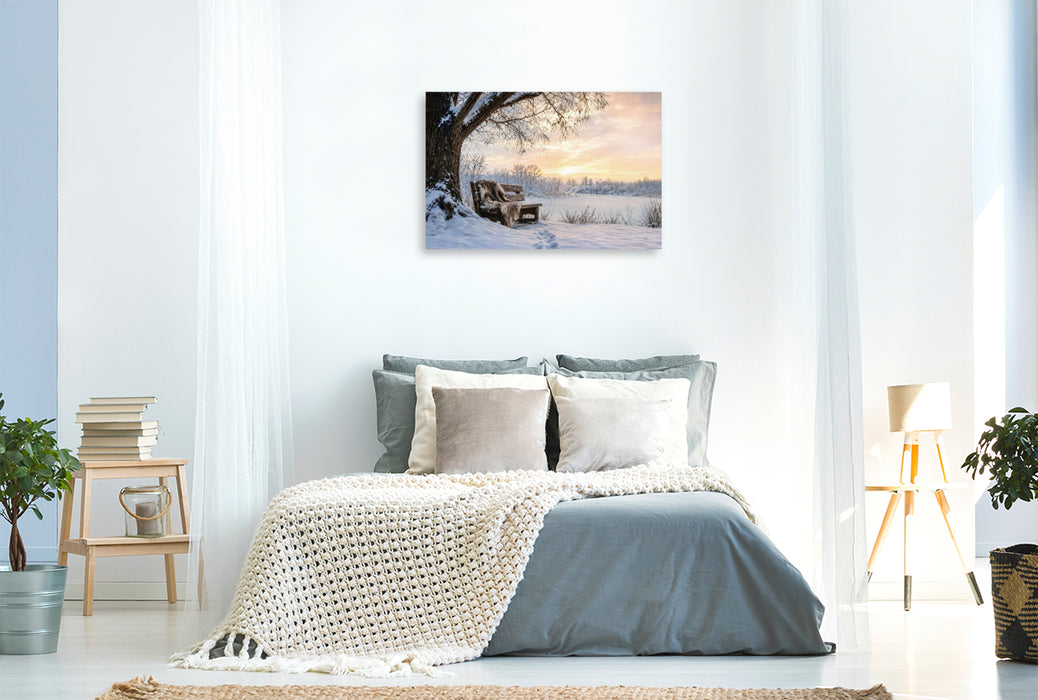 Premium Textil-Leinwand Winterstille - Bank im Schnee