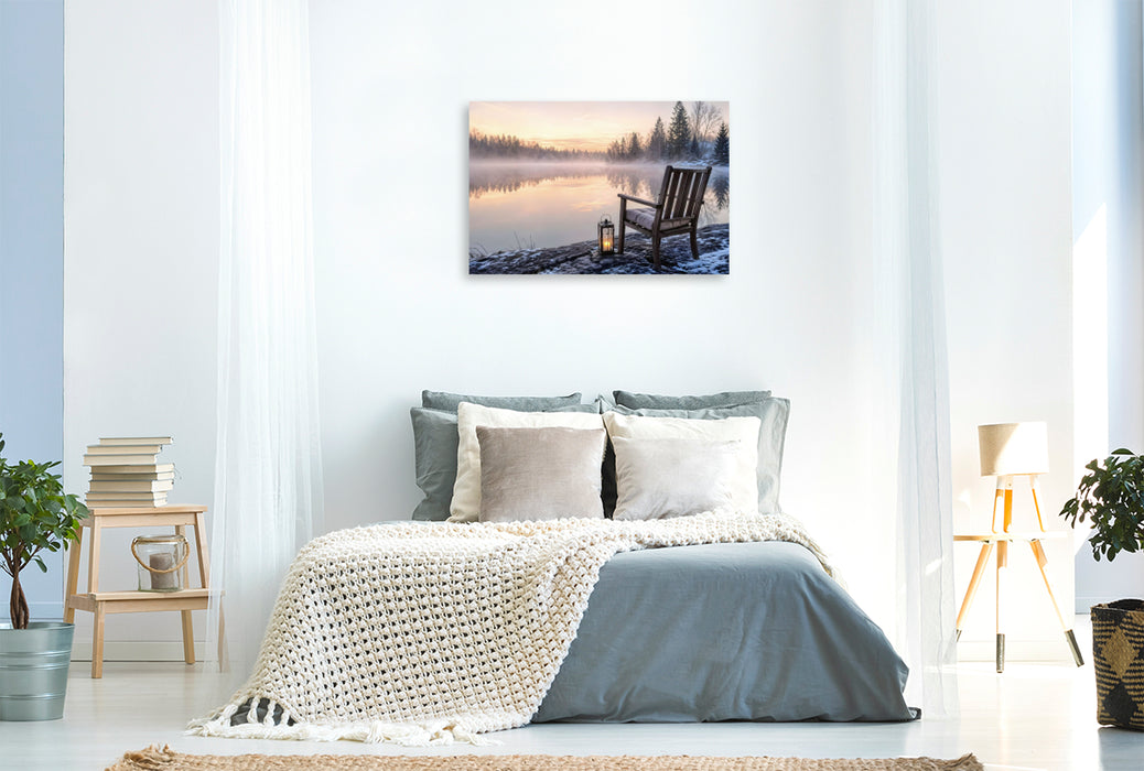 Premium Textil-Leinwand Am stillen Ufer - Stuhl am See