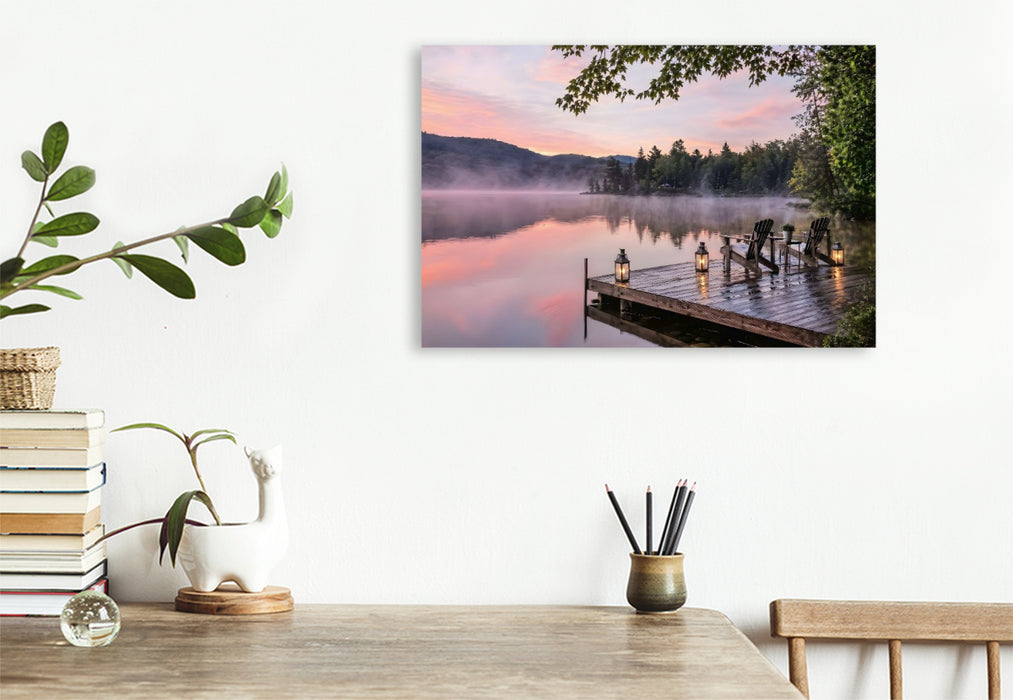 Premium Textil-Leinwand Am Wasser sitzen - Steg am See