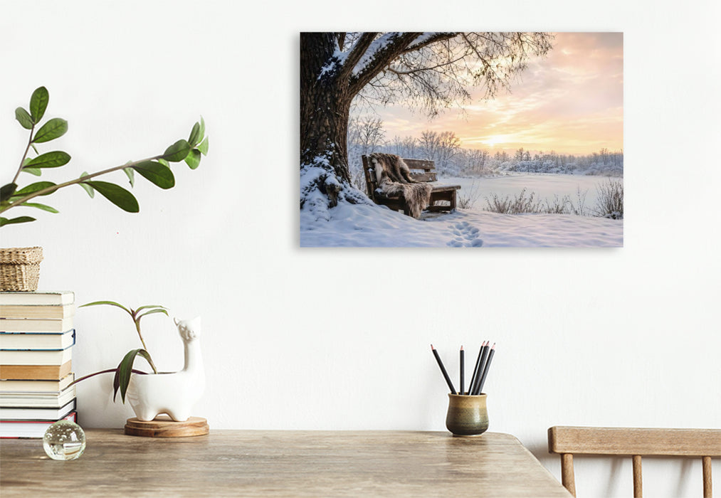 Premium Textil-Leinwand Winterstille - Bank im Schnee