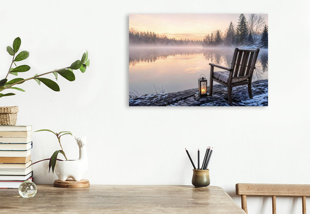 Premium Textil-Leinwand Am stillen Ufer - Stuhl am See