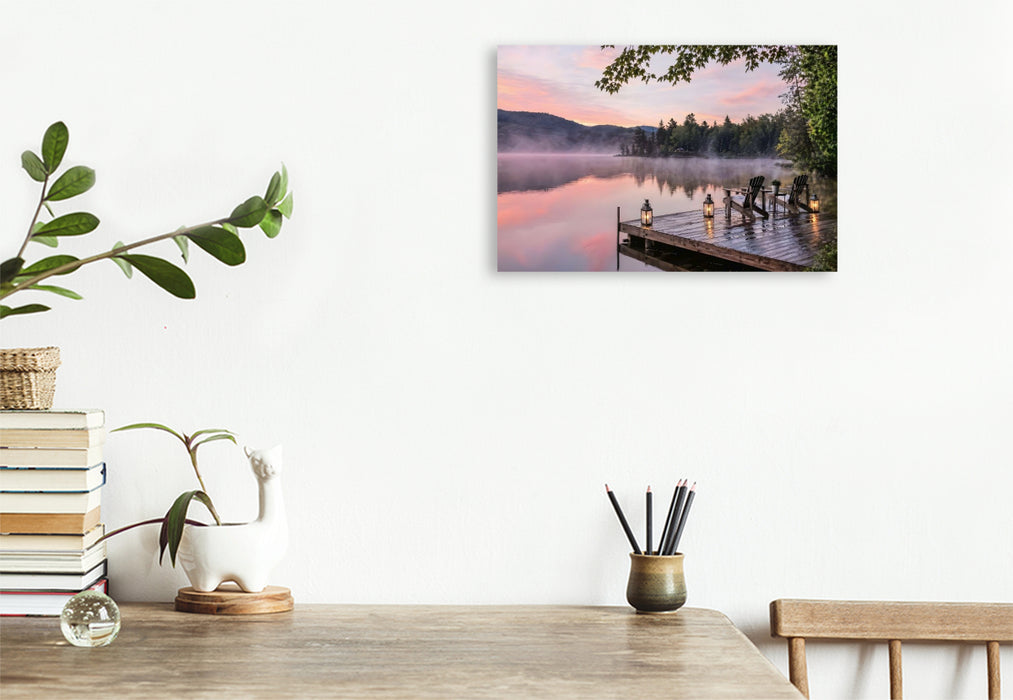 Premium Textil-Leinwand Am Wasser sitzen - Steg am See