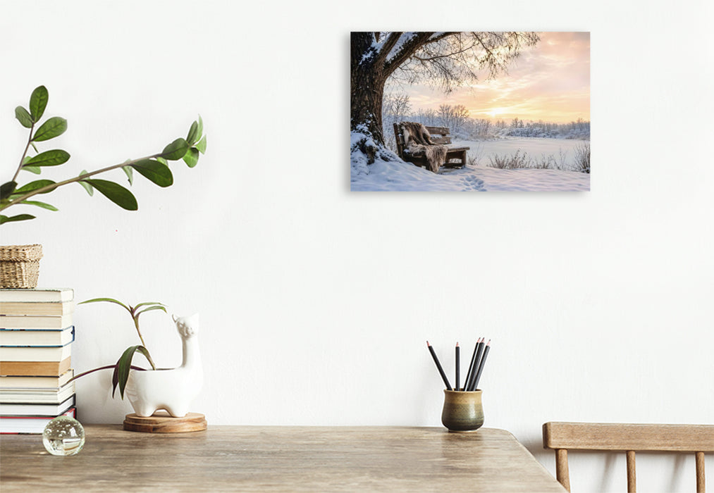 Premium Textil-Leinwand Winterstille - Bank im Schnee
