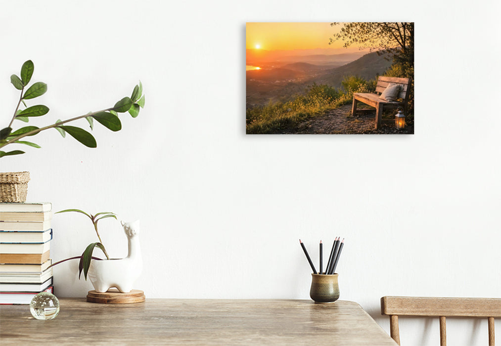 Premium Textil-Leinwand Goldene Stunde - Bank im Abendlicht