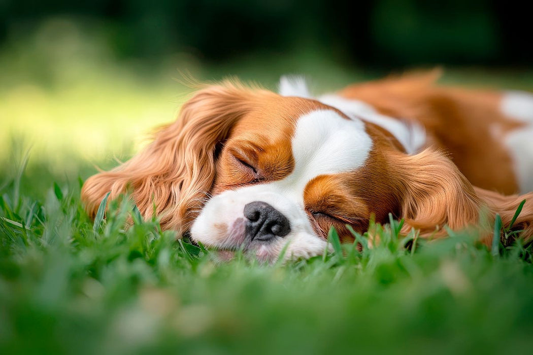 Premium Textil-Leinwand Cavalier King Charles Spaniel - Süße Träume im Grünen