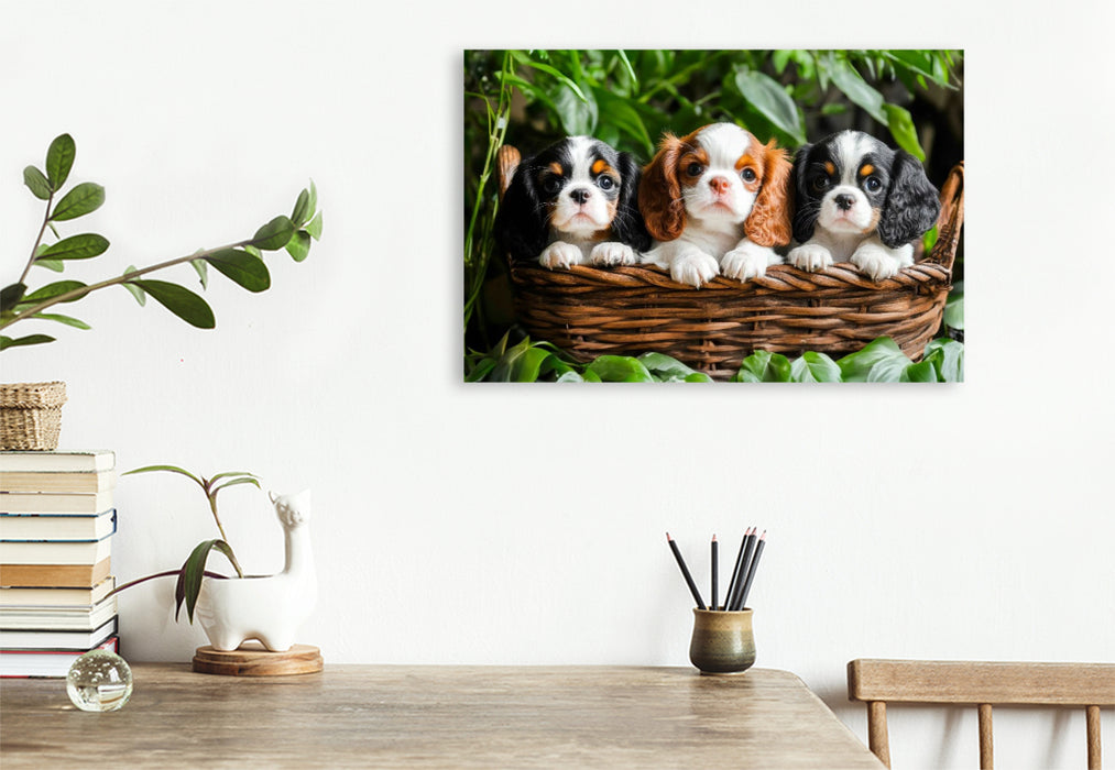 Premium Textil-Leinwand Süße Cavalier King Charles Spaniel Welpen