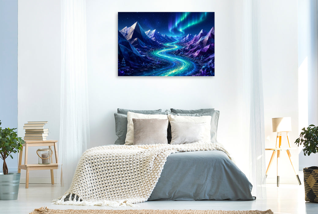 Premium Textil-Leinwand Kristallfluss unter Polarlichtern