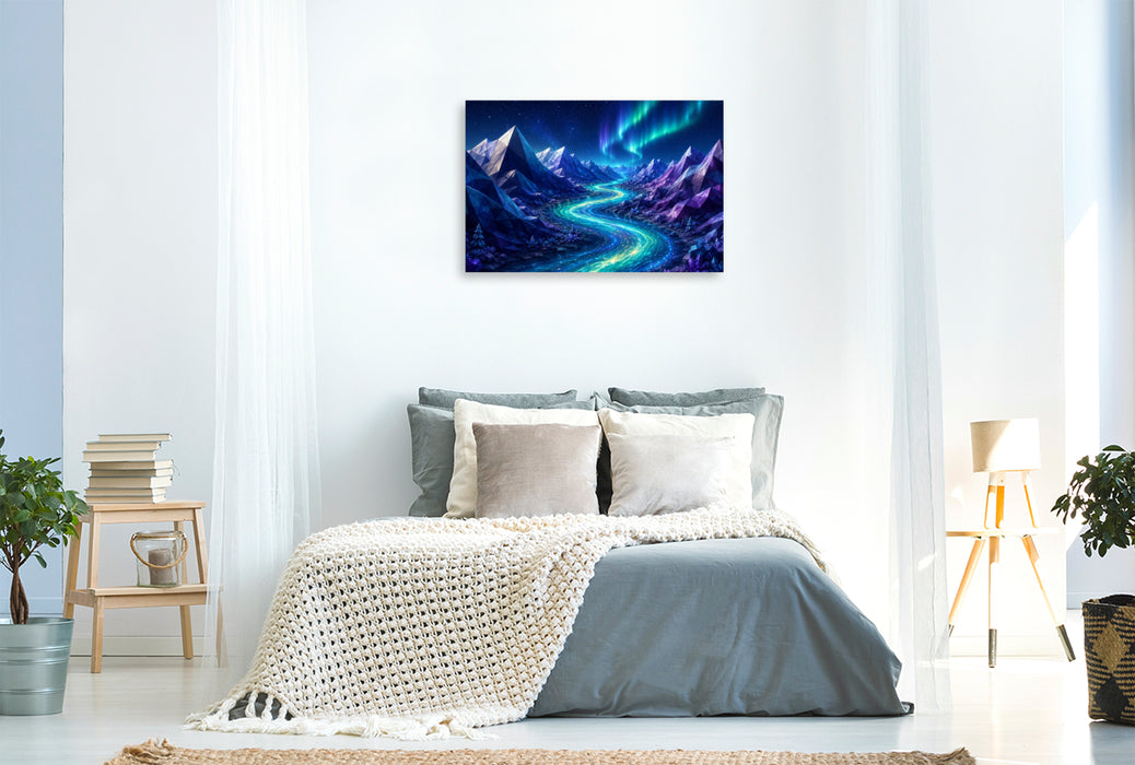 Premium Textil-Leinwand Kristallfluss unter Polarlichtern