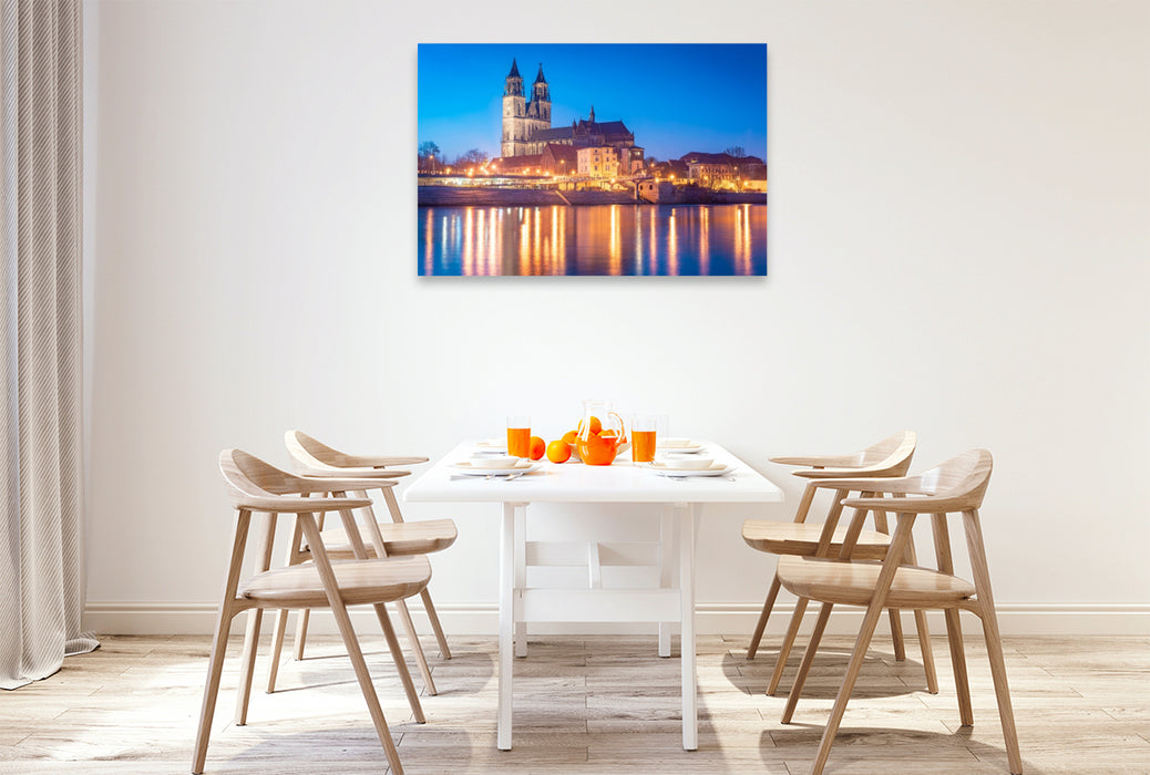Premium Textil-Leinwand Magdeburger Dom am Abend