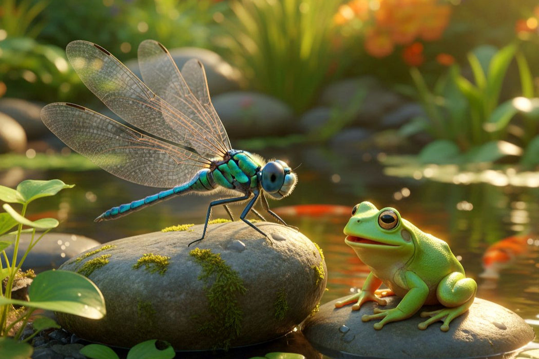 Premium Textil-Leinwand Treffen am Wasser zwischen Libelle und Frosch
