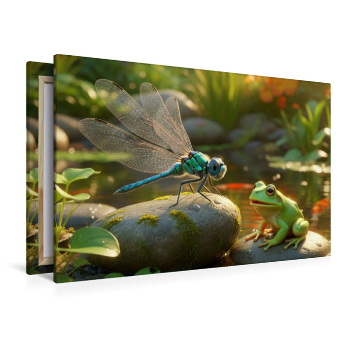 Premium Textil-Leinwand Treffen am Wasser zwischen Libelle und Frosch