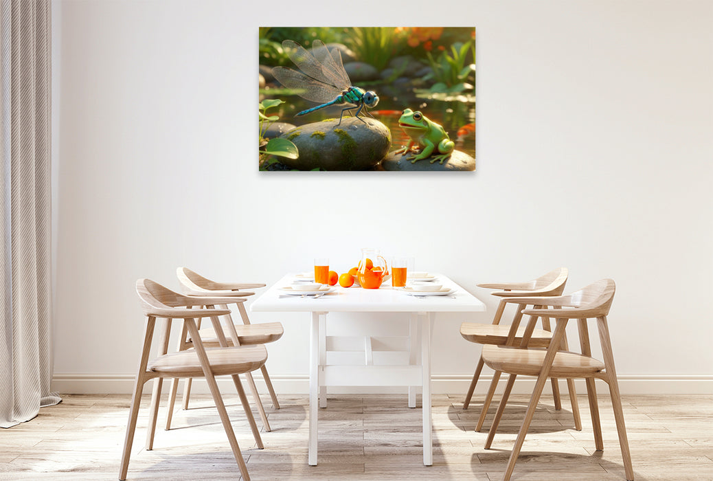 Premium Textil-Leinwand Treffen am Wasser zwischen Libelle und Frosch