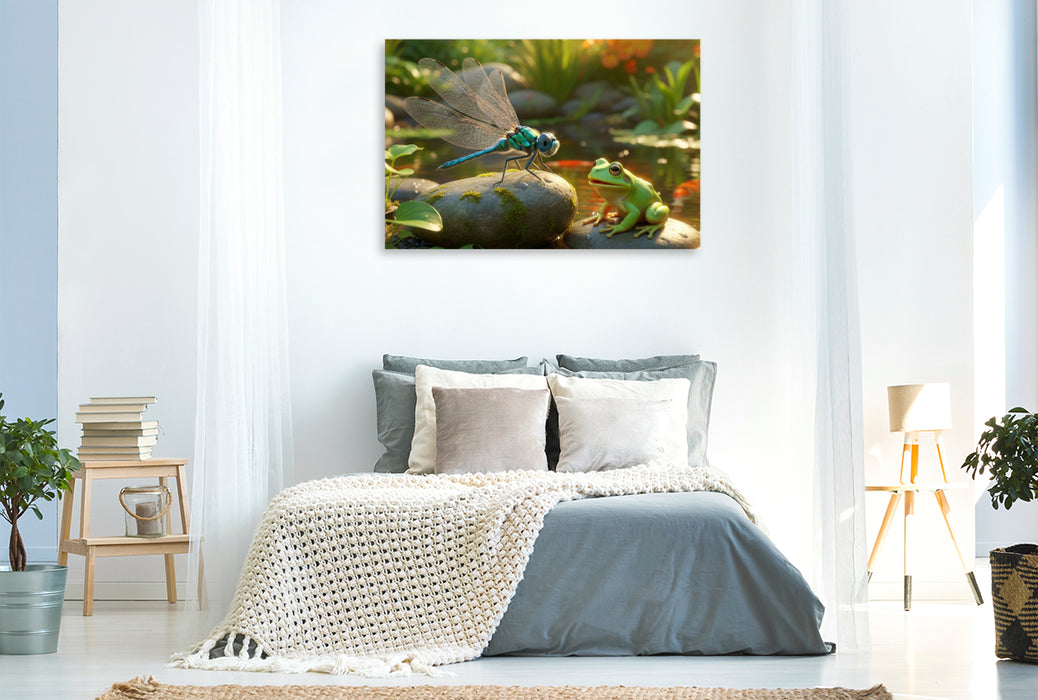 Premium Textil-Leinwand Treffen am Wasser zwischen Libelle und Frosch