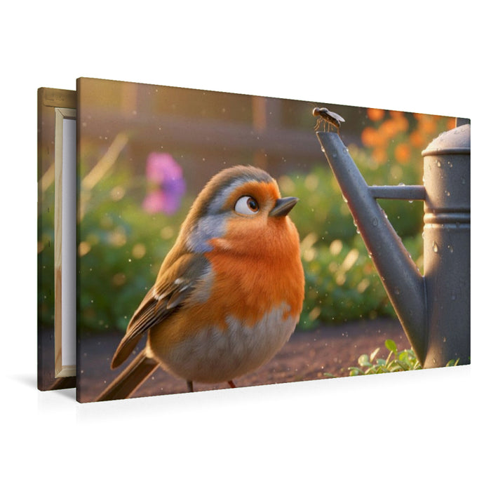 Premium Textil-Leinwand Rotkehlchen mit Frühstück