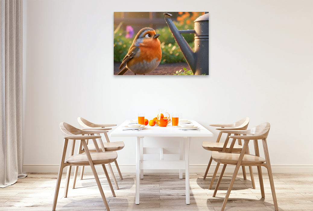 Premium Textil-Leinwand Rotkehlchen mit Frühstück