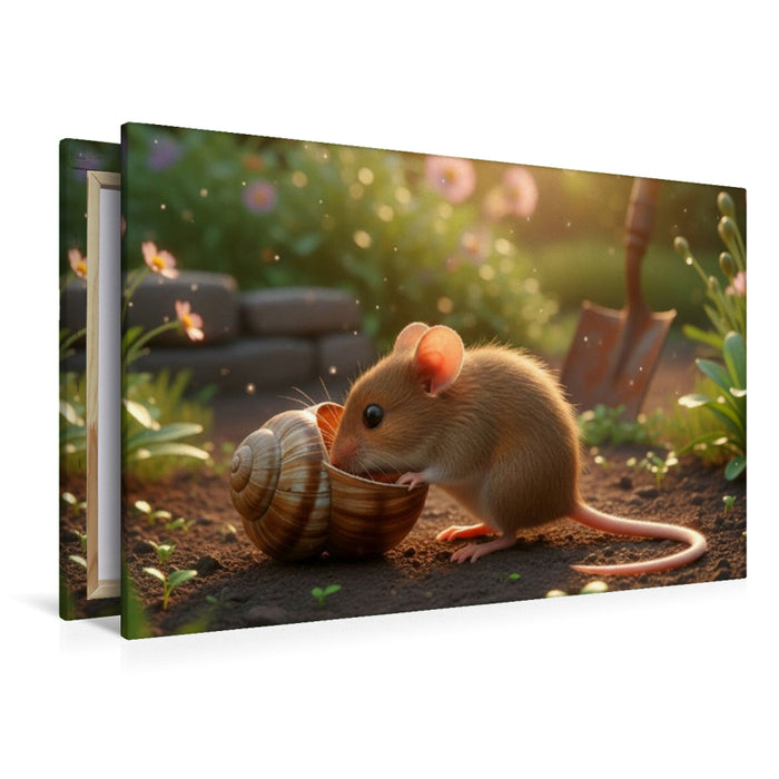 Premium Textil-Leinwand Kleine Maus mit Schneckenhaus