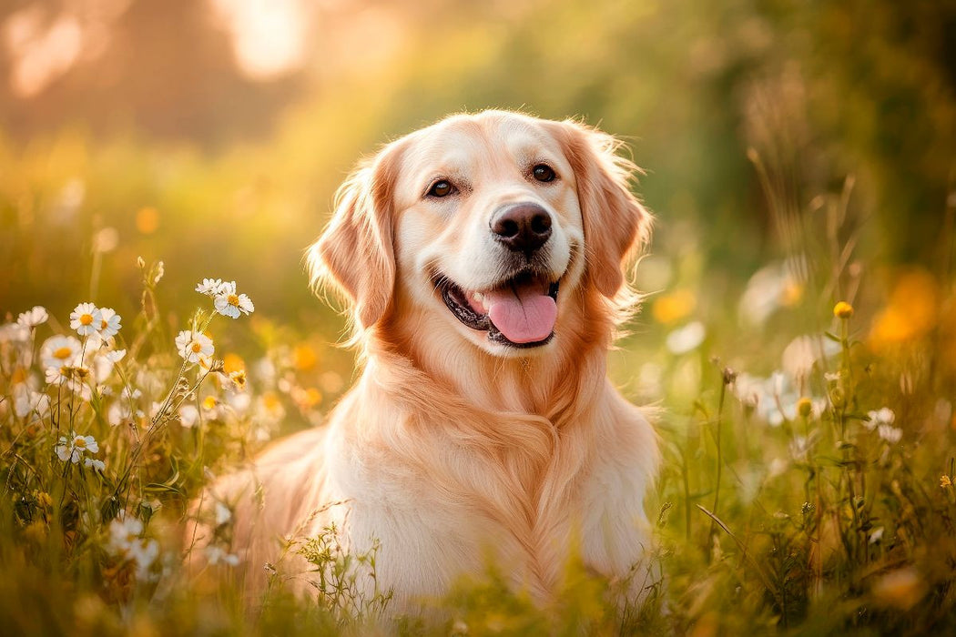 Premium Textil-Leinwand Golden Retriever im sommerlichen Abendlicht