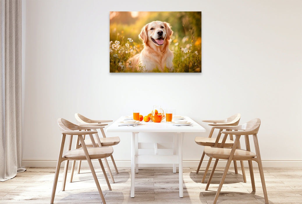 Premium Textil-Leinwand Golden Retriever im sommerlichen Abendlicht