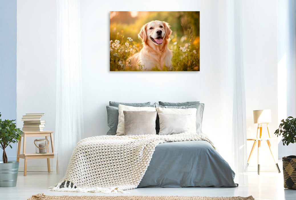 Premium Textil-Leinwand Golden Retriever im sommerlichen Abendlicht