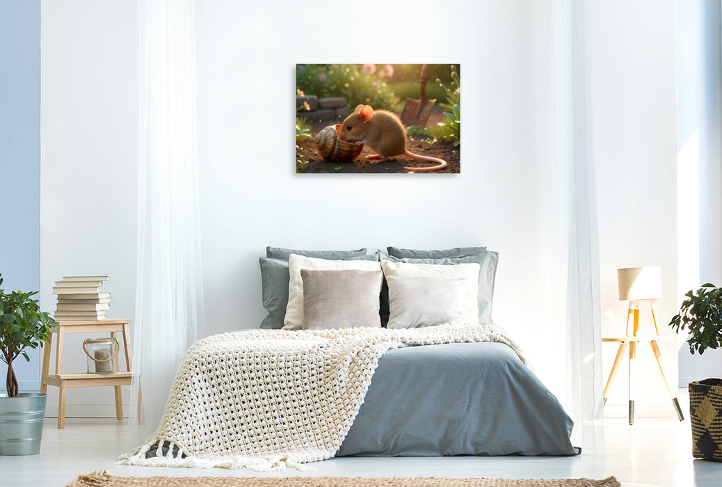 Premium Textil-Leinwand Kleine Maus mit Schneckenhaus
