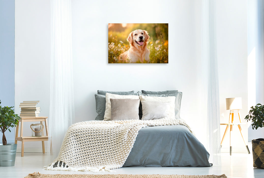 Premium Textil-Leinwand Golden Retriever im sommerlichen Abendlicht