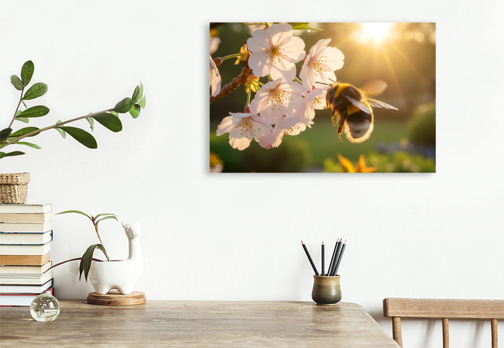 Premium Textil-Leinwand Hummel im Morgenlicht