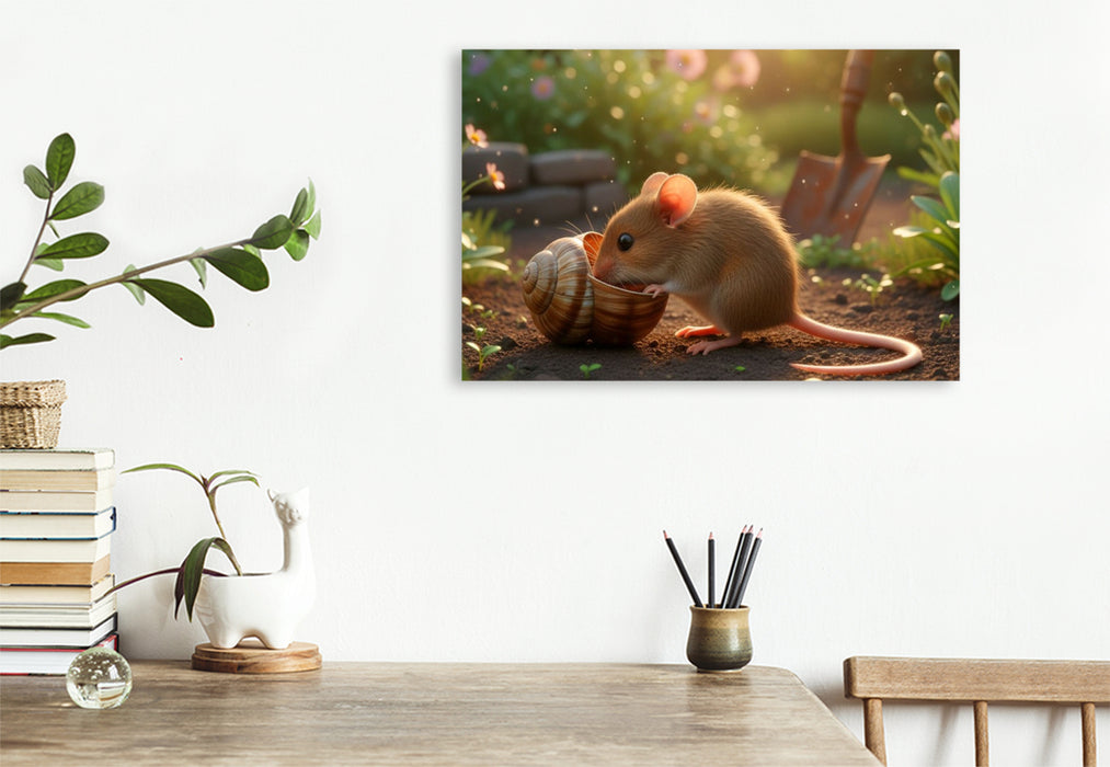 Premium Textil-Leinwand Kleine Maus mit Schneckenhaus