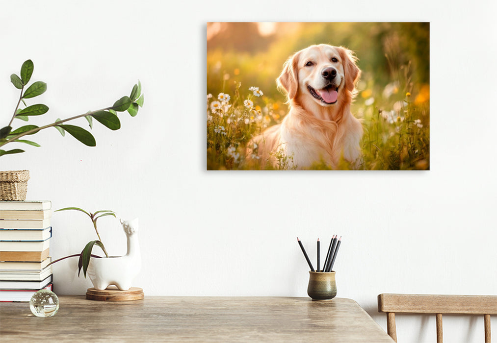Premium Textil-Leinwand Golden Retriever im sommerlichen Abendlicht