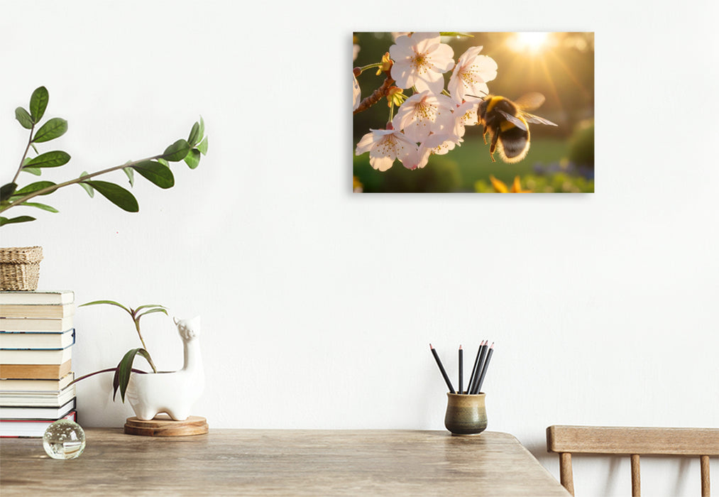 Premium Textil-Leinwand Hummel im Morgenlicht