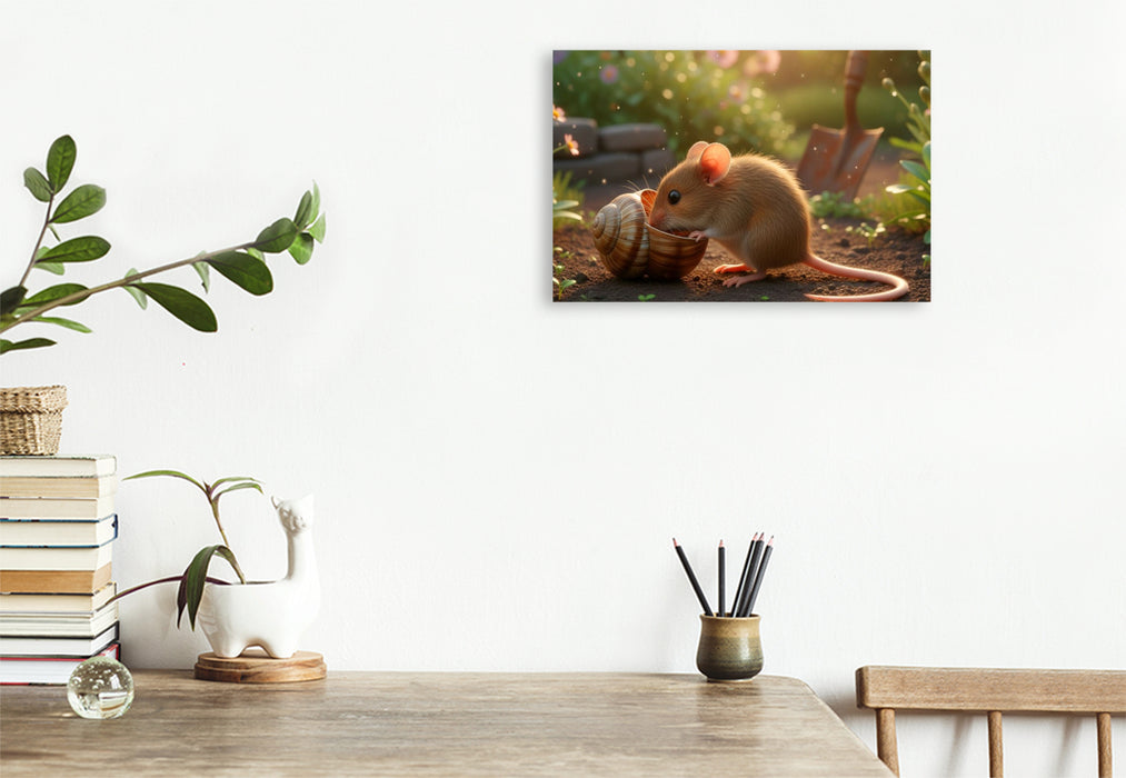 Premium Textil-Leinwand Kleine Maus mit Schneckenhaus