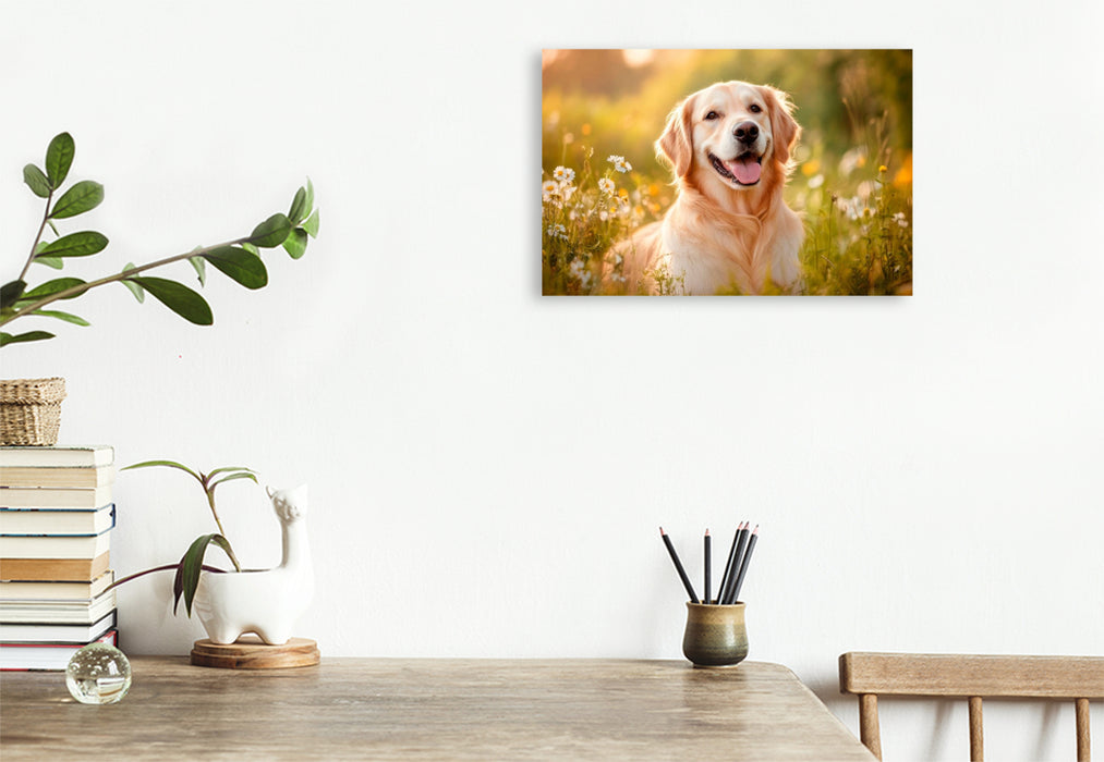 Premium Textil-Leinwand Golden Retriever im sommerlichen Abendlicht