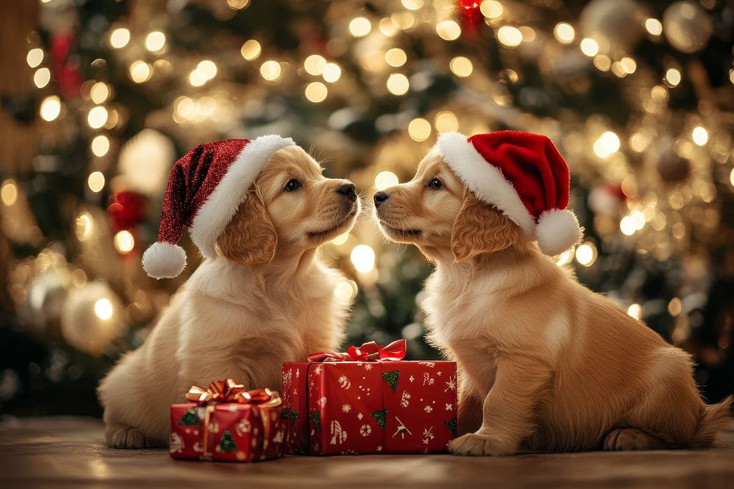 Premium Textil-Leinwand Golden Retriever - Magische Weihnachtsmomente