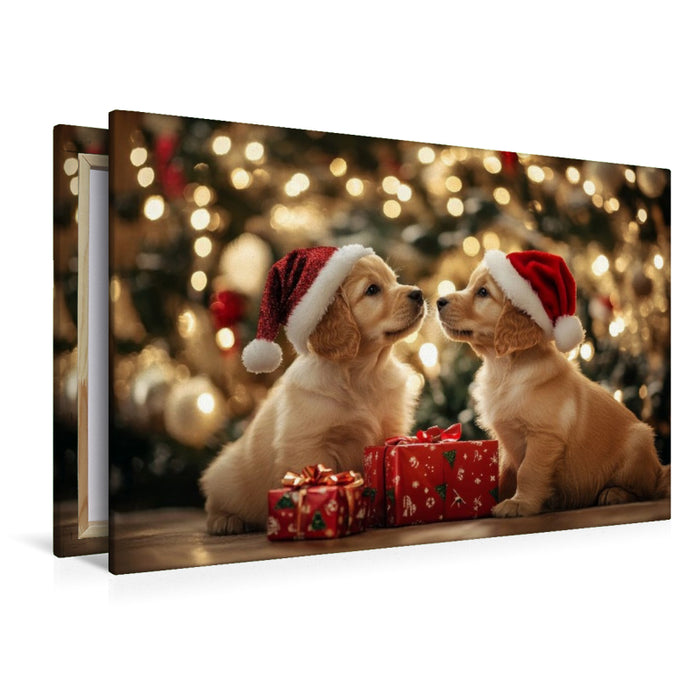 Premium Textil-Leinwand Golden Retriever - Magische Weihnachtsmomente